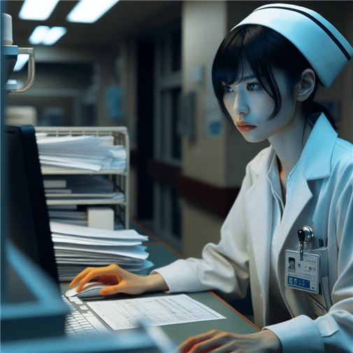 大学病院の病棟で夜勤をする女性看護師