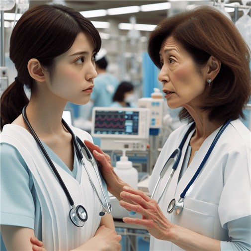 新卒の女性看護師が、その勤務する大学病院にて、女性の先輩の女性看護師から厳しい指導を受けている様子