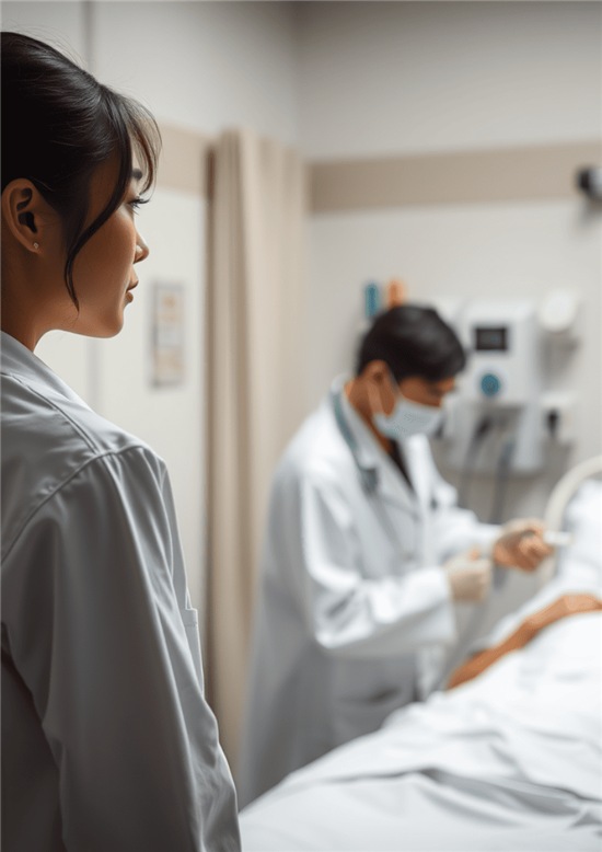日本の大学病院で、医師の病棟患者への注射を患者のベッドの反対側でじっと見ている0代の女性看護師